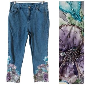 Soft Surroundings Silky Floral Beaded Blue Purple Soft Denim Cropped Jeans Pants